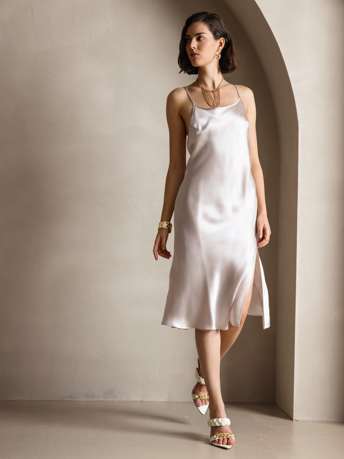 [Beige] SilkSilky-ES Seda Pura Dress 004