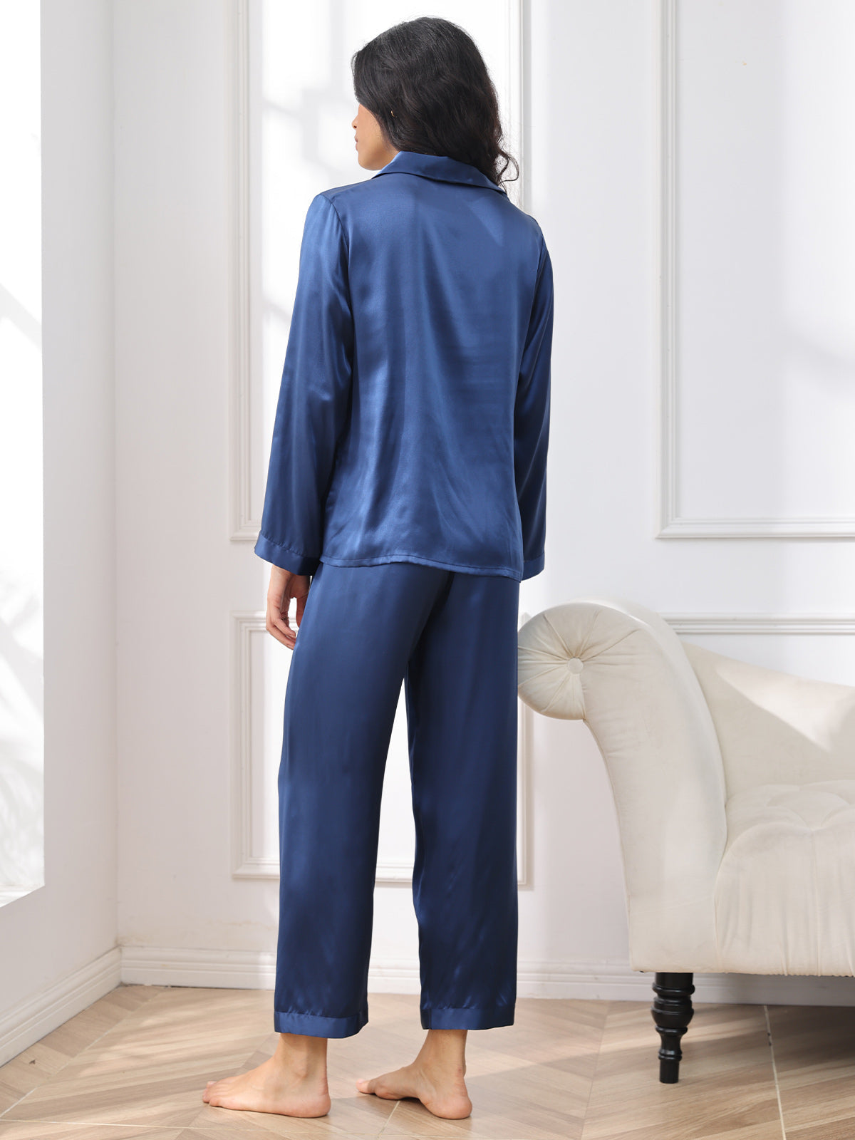 [Azul Oscuro] SilkSilky-ES Seda Pura Womens Pajamas 002