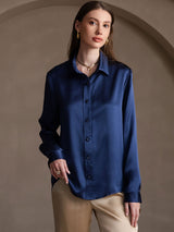 [Azul Oscuro] SilkSilky-ES Long Sleeve Lapel Collar Blusas de Mujer 004