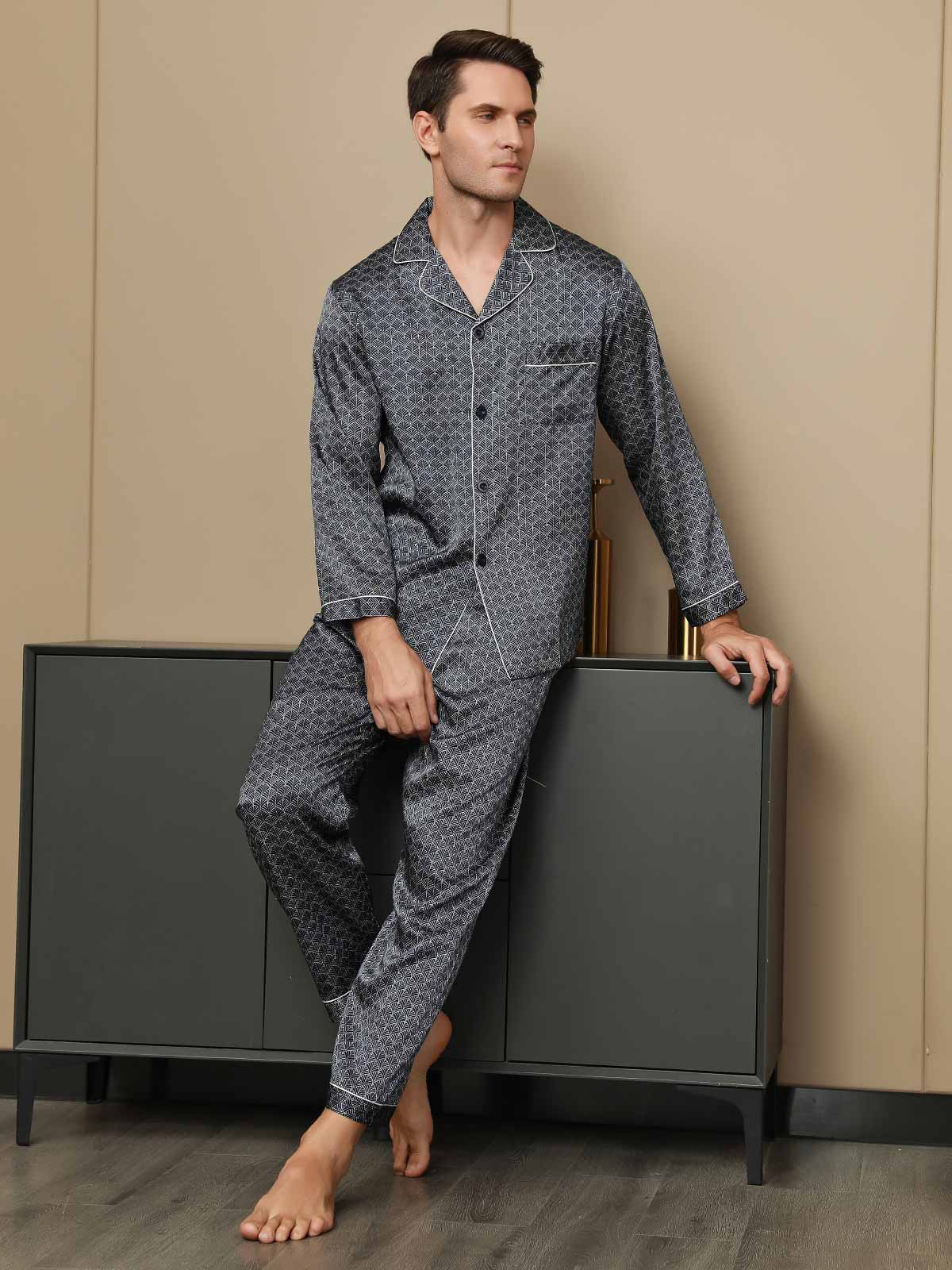 [Ginkgo Azul Marino] SilkSilky-ES Long Sleeve Lapel Collar Pijamas de hombre 001