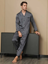 [Ginkgo Azul Marino] SilkSilky-ES Long Sleeve Lapel Collar Pijamas de hombre 001
