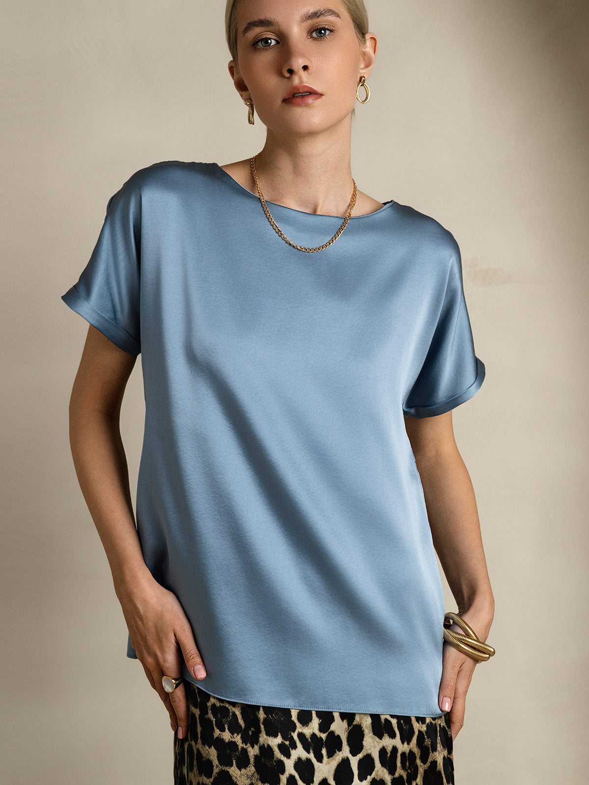 [Azul Grisáceo] SilkSilky-ES 19Momme Manga corta Cuello Barco Camisetas de Mujer 005