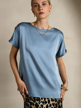 [Azul Grisáceo] SilkSilky-ES 19Momme Manga corta Cuello Barco Camisetas de Mujer 005