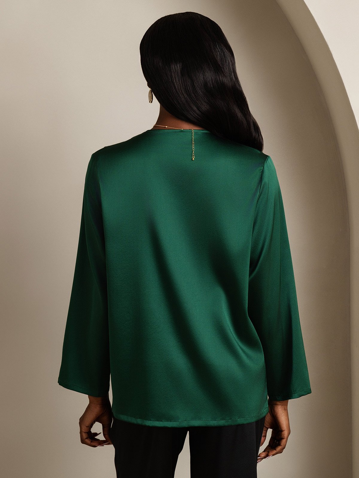 [Verde Oscuro] SilkSilky-ES 19Momme Seda Cuello en V Blusas de Mujer 002