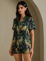 [Serval Negro] SilkSilky-ES Short Sleeve Notch Collar Pijamas de mujer 003