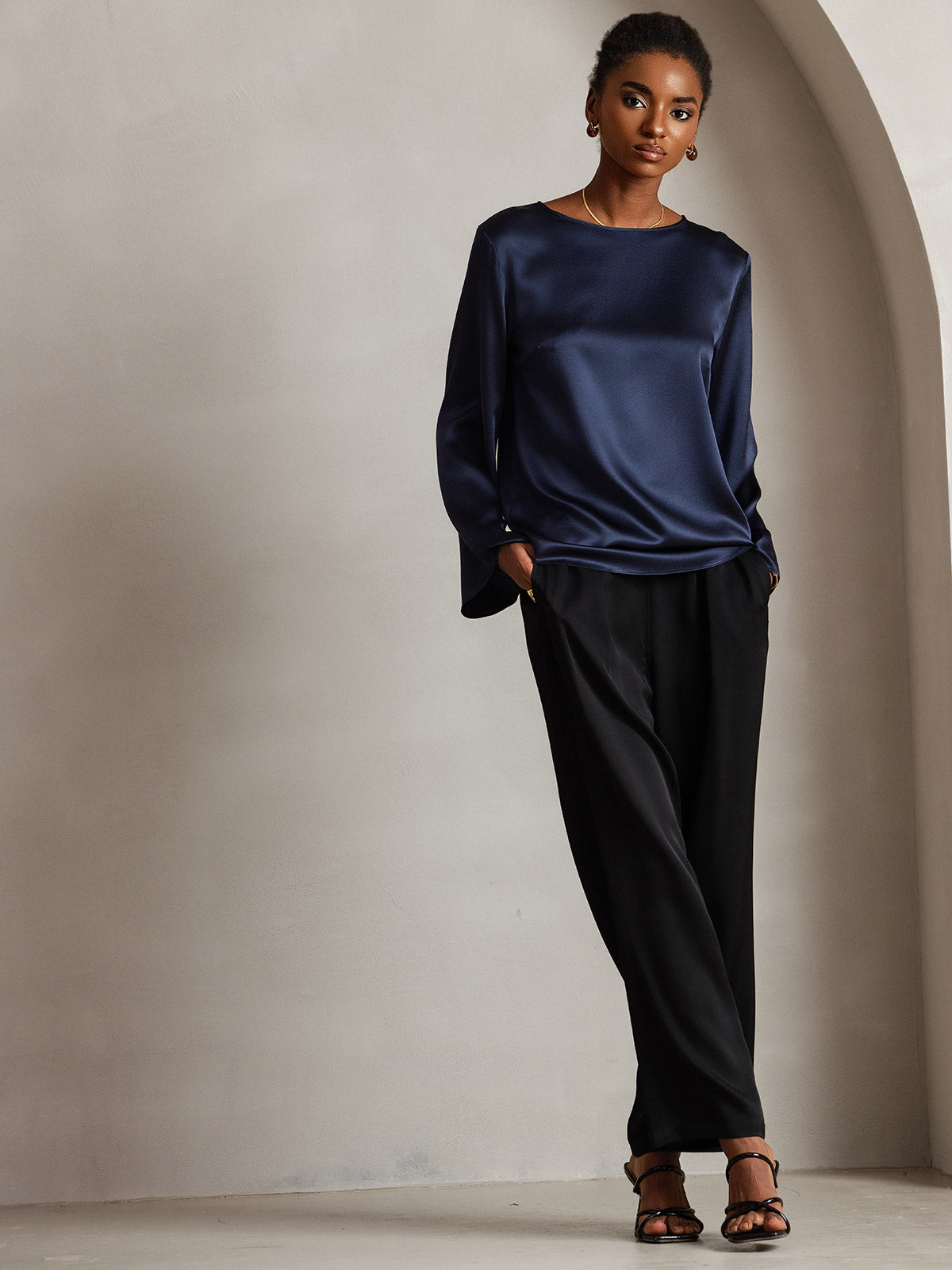 [Azul Oscuro] SilkSilky-ES 19Momme Seda Manga larga Blouse 006