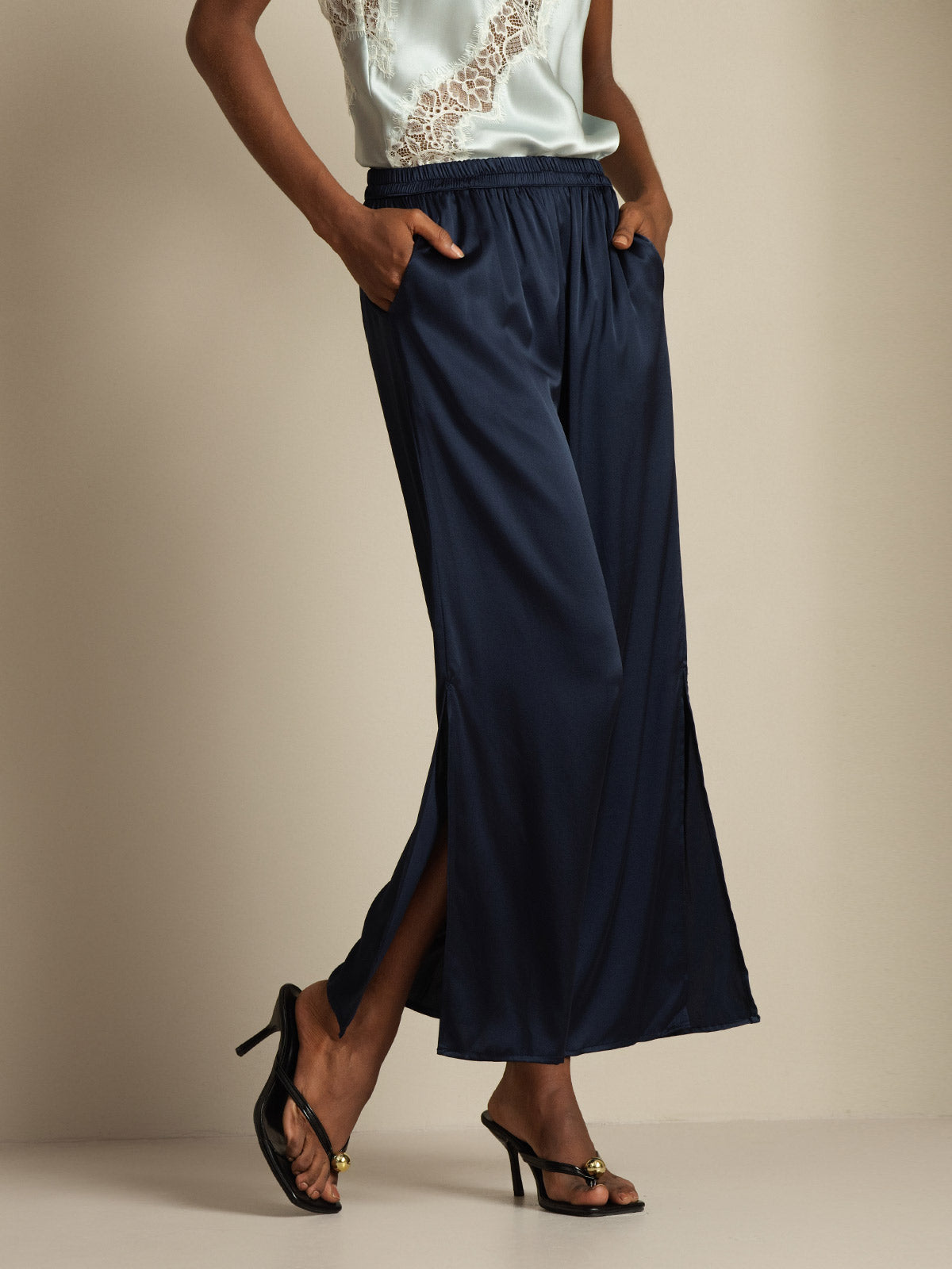[Azul Oscuro] SilkSilky-ES 19Momme Seda Womens Pants 004