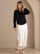 [Negro] SilkSilky-ES Long Sleeve Tie Neck Blusas 007