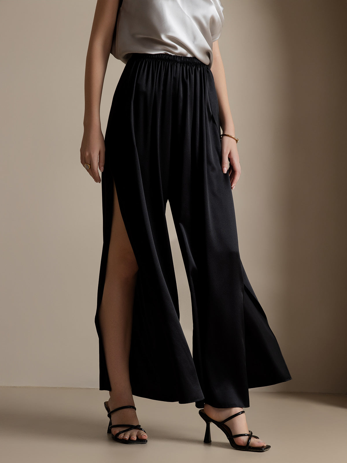 [Negro] SilkSilky-ES 19Momme Seda Split Pantalones de mujer 001