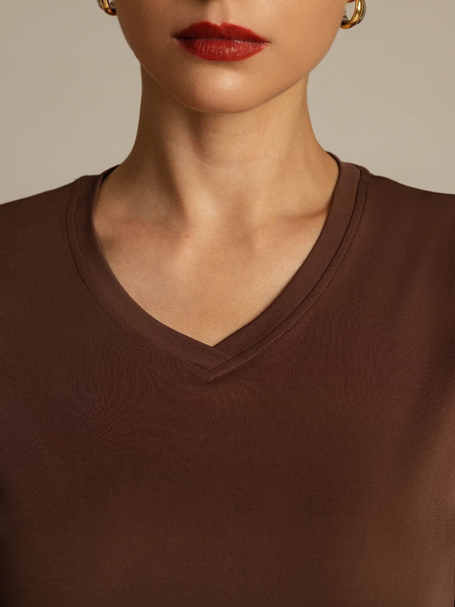[Café] SilkSilky-ES Seda Pura Cuello en V Camisetas de Mujer 004