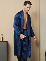[Azul Oscuro] SilkSilky-ES Seda Pura Manga larga Solapa Bata de hombre 003