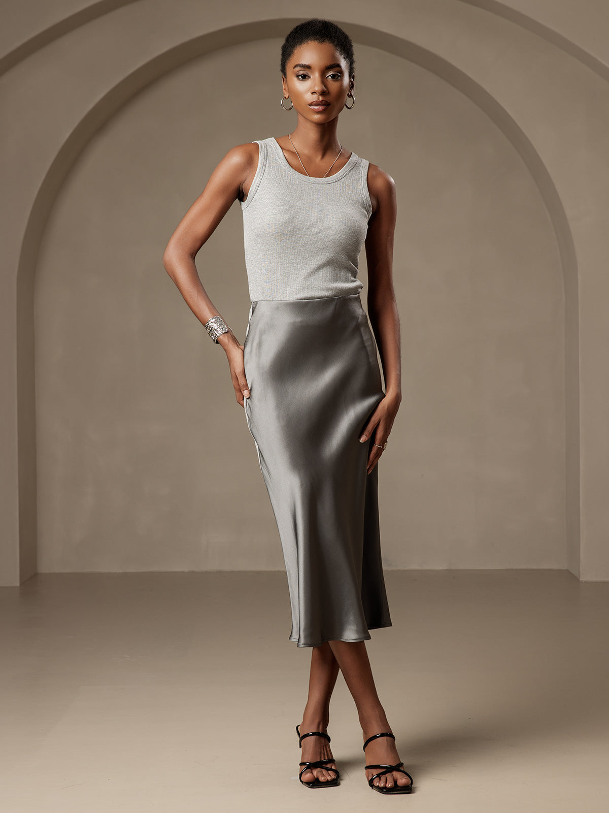 [Gris Oscuro] SilkSilky-ES 19Momme Seda Pura Skirt 003