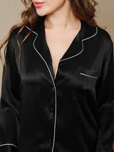 [Negro] SilkSilky-ES Long Sleeve Lapel Collar Pijamas de mujer 007
