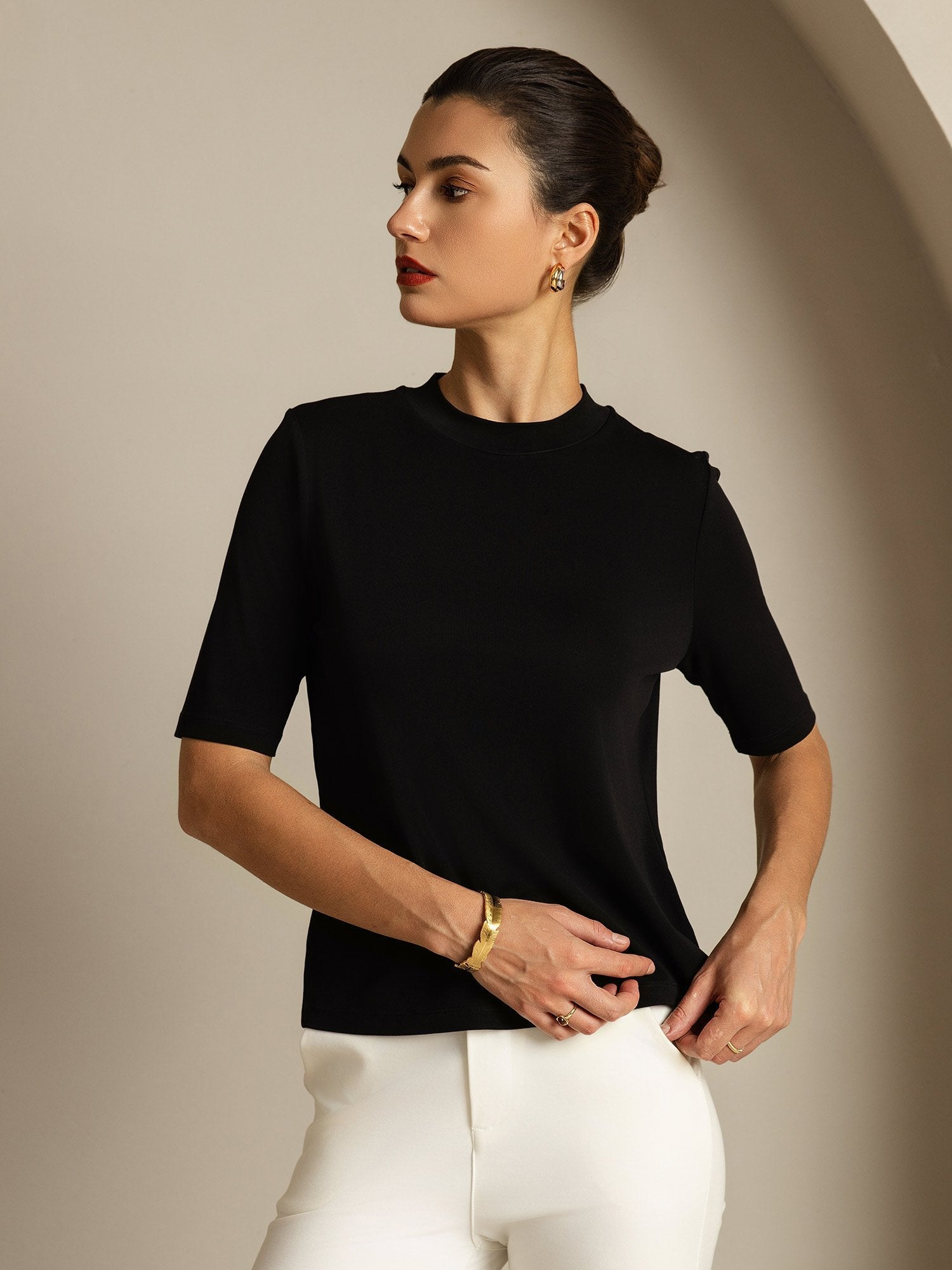 [Negro] SilkSilky-ES Seda Pura Womens T-Shirt 005
