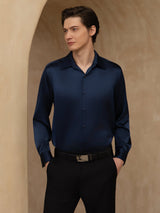 [Azul Oscuro] SilkSilky-ES 19Momme Manga larga Cuello con Solapa Camisa de hombre 001