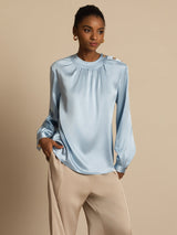 [Azul Grisáceo] SilkSilky-ES 19Momme Manga larga Cuello Redondo Blusa 003