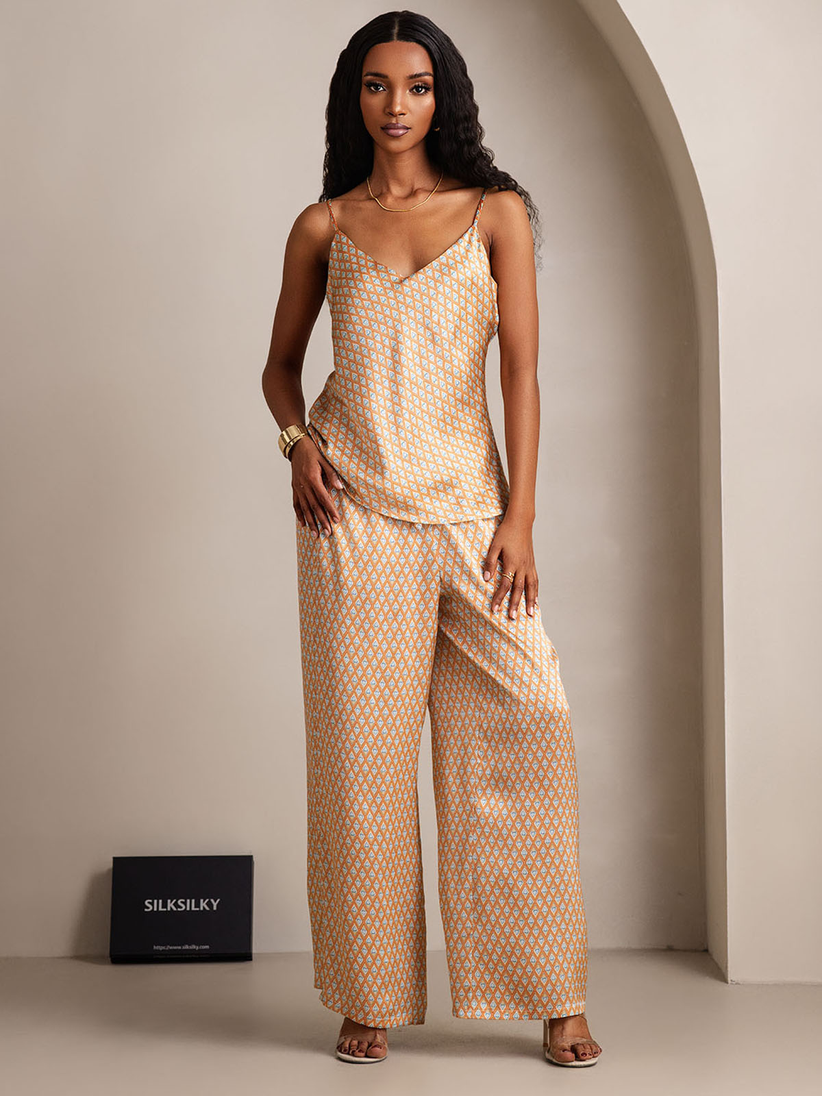 [Floral] SilkSilky-ES Seda Pura Cuello en V Conjunto de tirantes 003