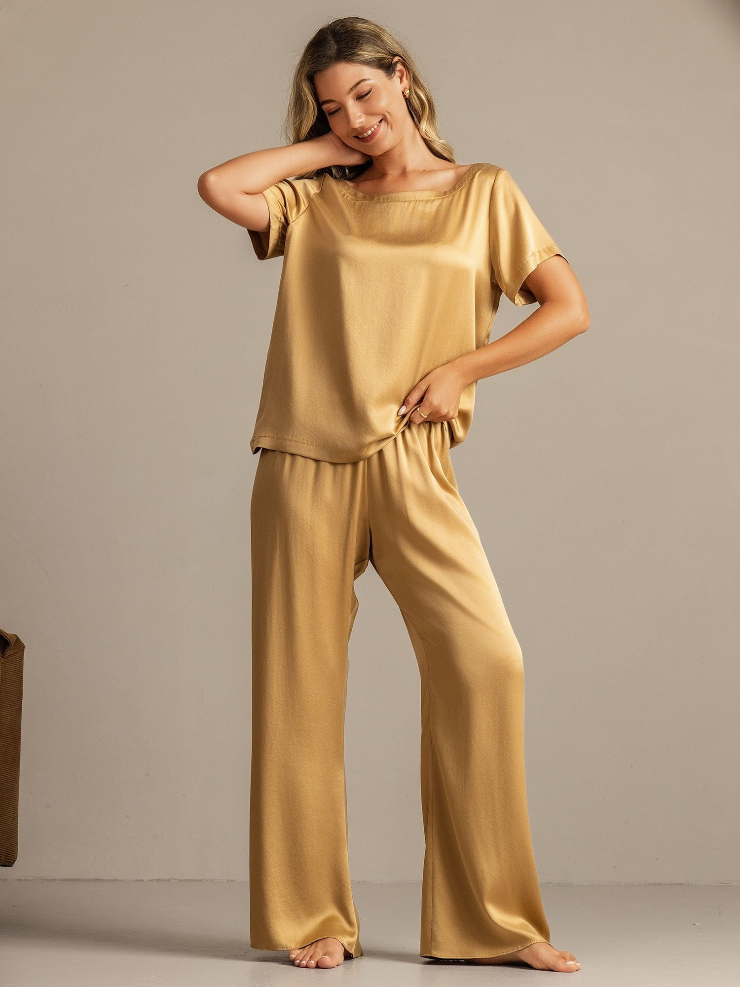 [MarrónClaro] SilkSilky-ES 19Momme Seda Womens Pajamas 001