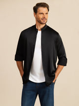 [Negro] SilkSilky-ES Long Sleeve Stand Collar Camisa de hombre 003