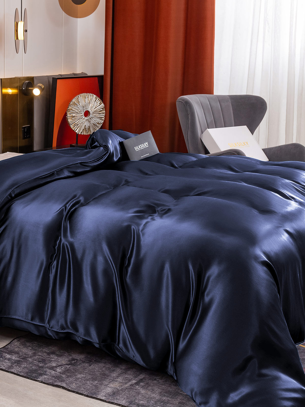 SilkSilky ES 19Momme Seda Pura Duvet Cover AzulOscuro 004