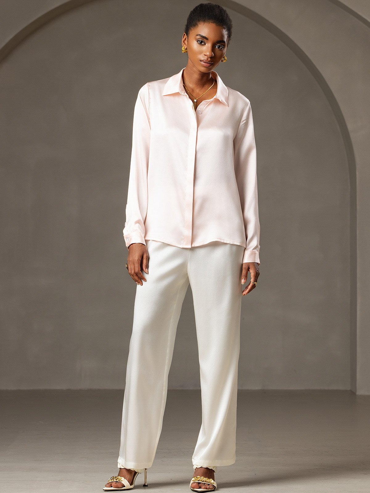 [Rosa] SilkSilky-ES 19Momme Seda Manga larga Cuello Camisero Blusas de Mujer 007