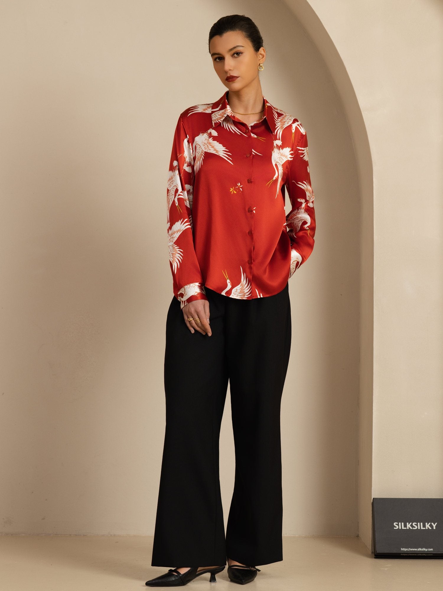 [Vino] SilkSilky-ES 19Momme Manga larga Cuello con Solapa Blusas de Mujer 006