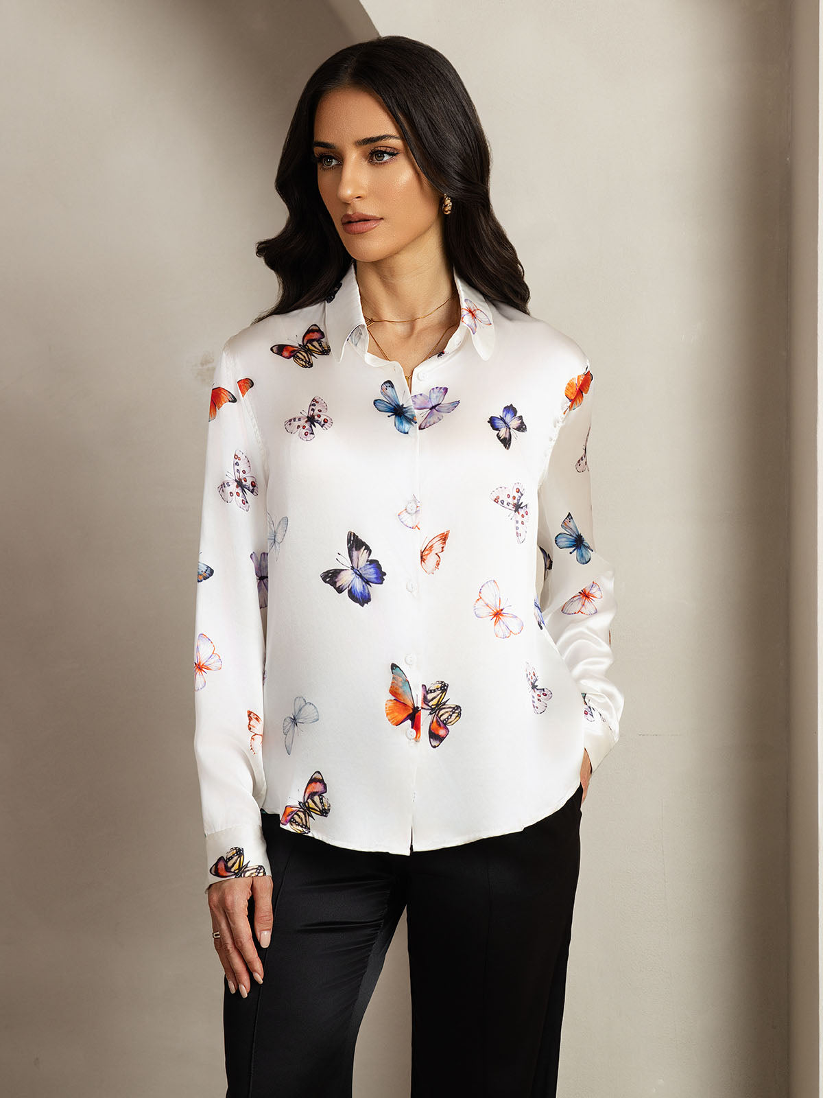[Mariposa Blanca] SilkSilky-ES Seda Lapel Collar Blusas de Mujer 005