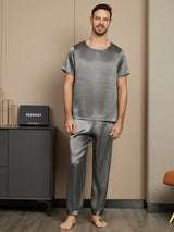 [Gris Oscuro] SilkSilky-ES Seda Pura Manga corta Round Neck Pijamas de hombre 003