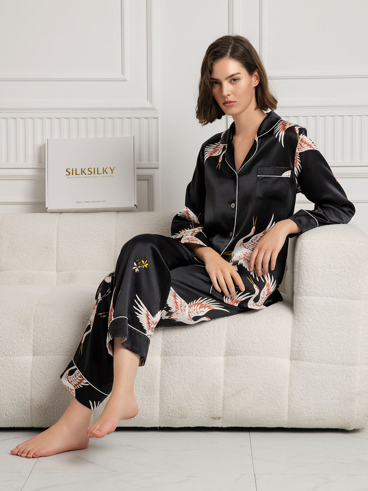 [Negro] SilkSilky-ES 19Momme Seda Pura Womens Pajamas 005