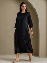 [Negro] SilkSilky-ES 3/4 Sleeve Round Neck Vestido 005