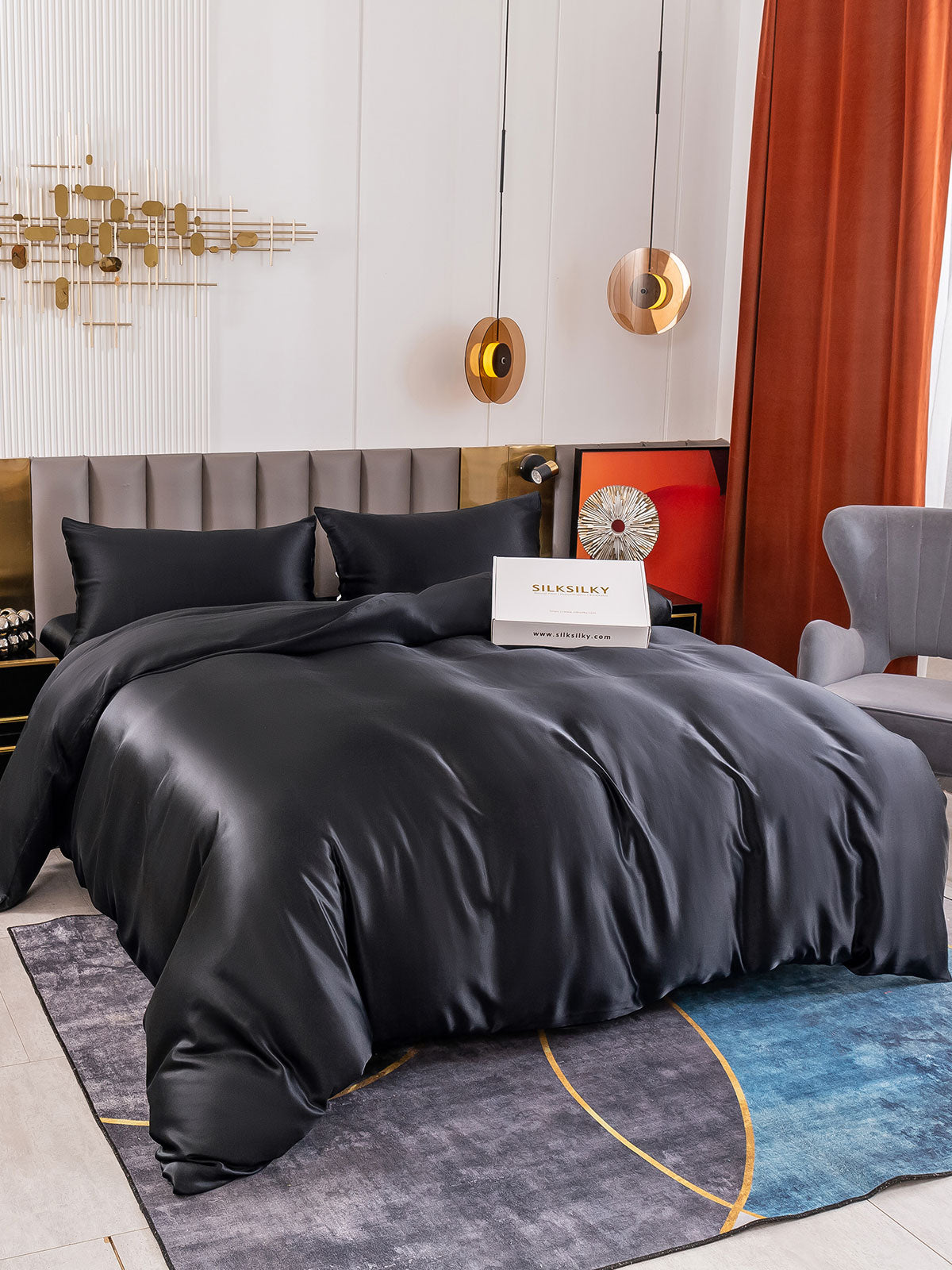 [Negro] SilkSilky-ES 19Momme Seda Pura Bedding Set 006