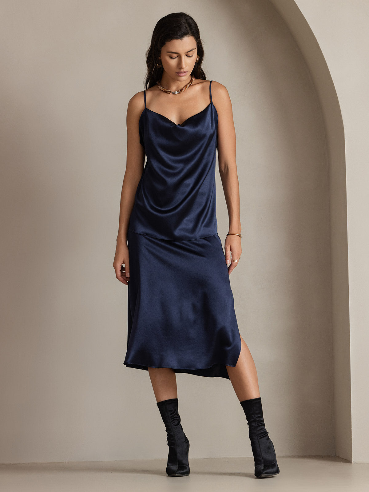 [Azul Oscuro] SilkSilky-ES 19Momme Seda Skirt 006