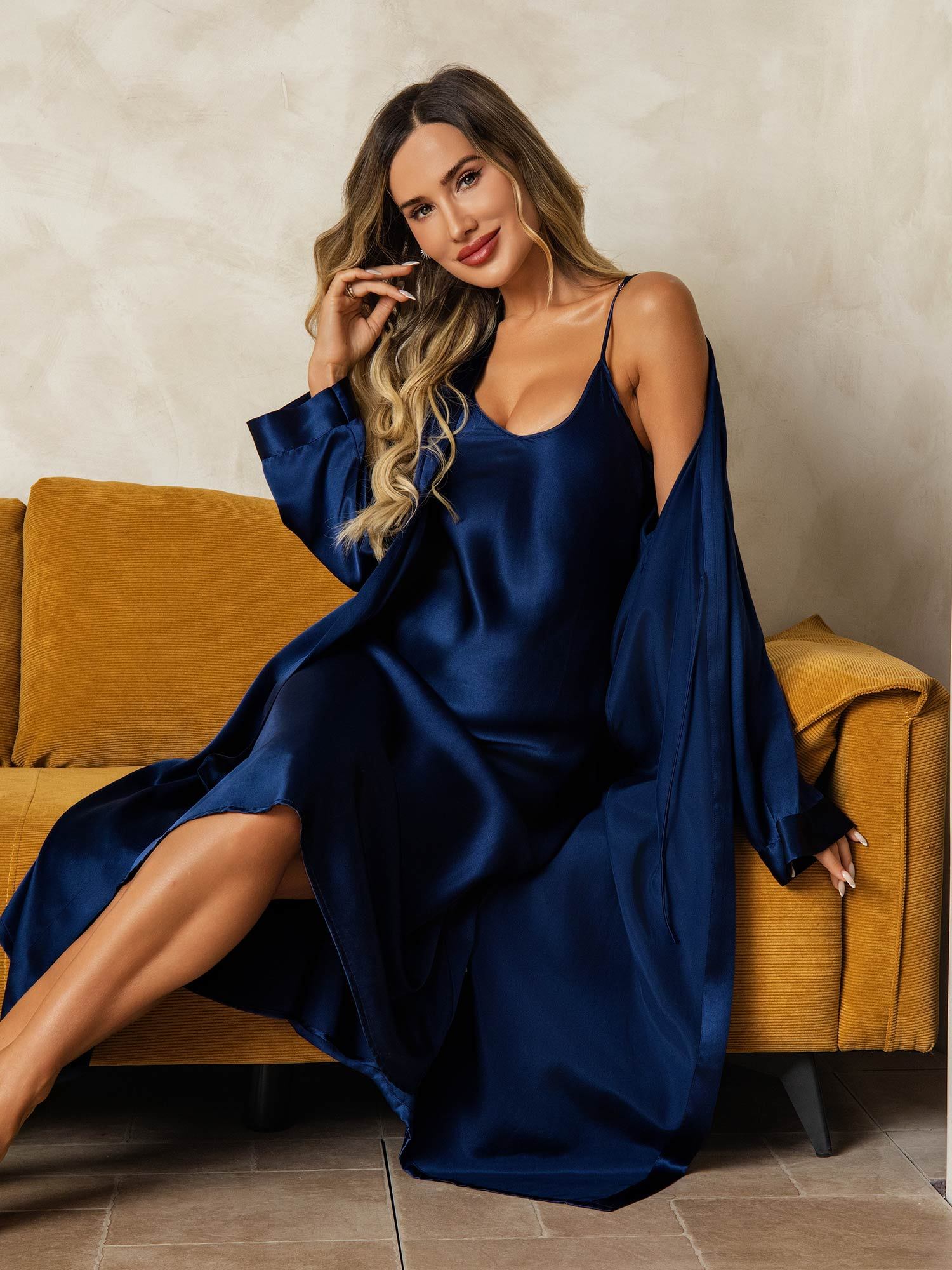 [Azul Oscuro] SilkSilky-ES Seda Pura Cuello en V Conjunto de camisón y bata 006