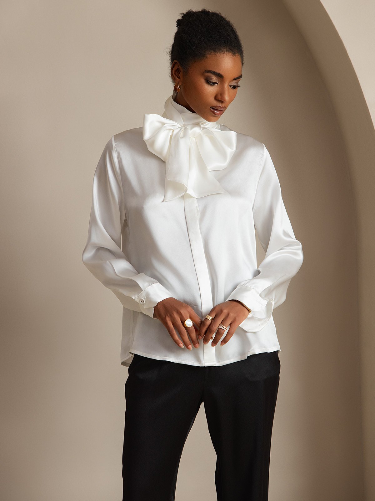[Blanco] SilkSilky-ES 19Momme Seda Manga larga Corbata Blusas de Mujer 005