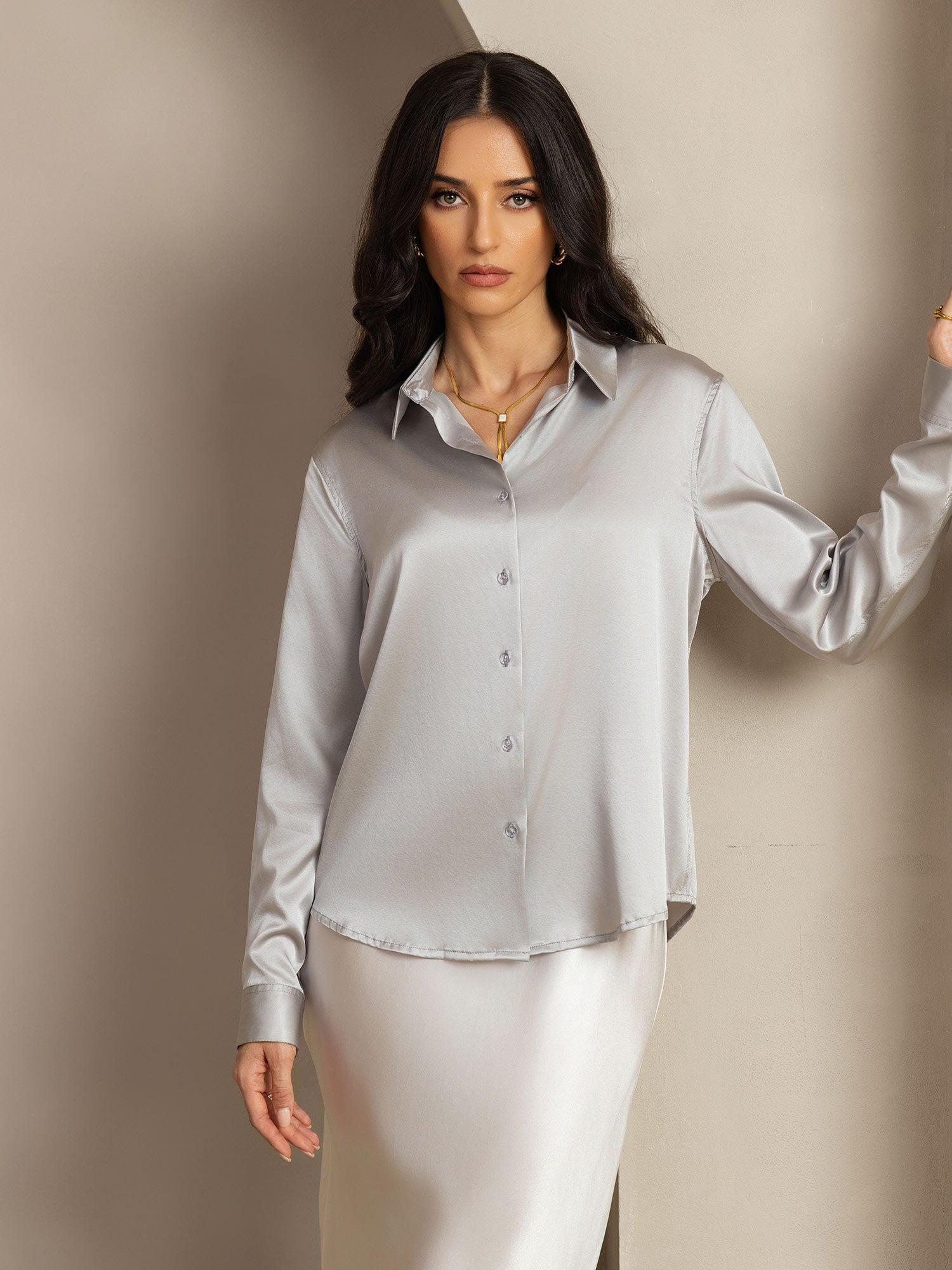 [Gris Claro] SilkSilky-ES Seda Cuello Camisero Blusas de Mujer 008