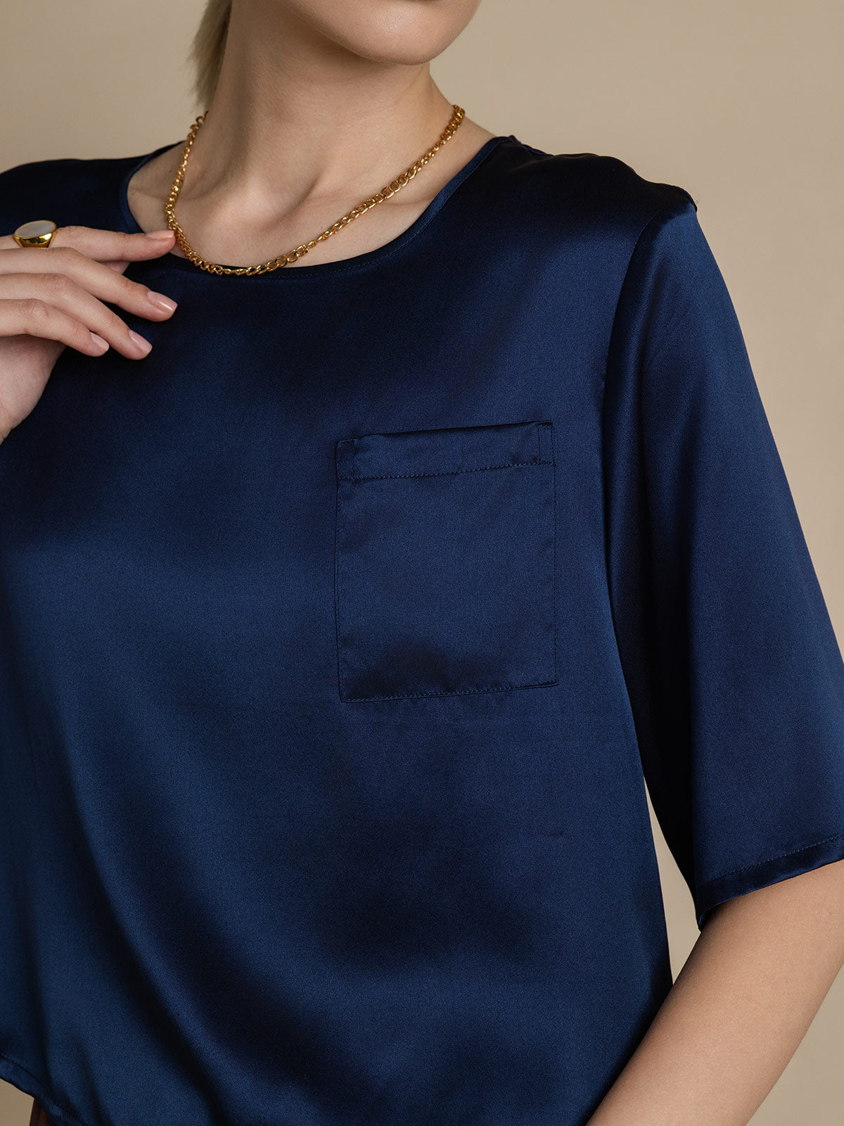 [Azul Oscuro] SilkSilky-ES Seda Pura Cuello Barco Camisetas de Mujer 006