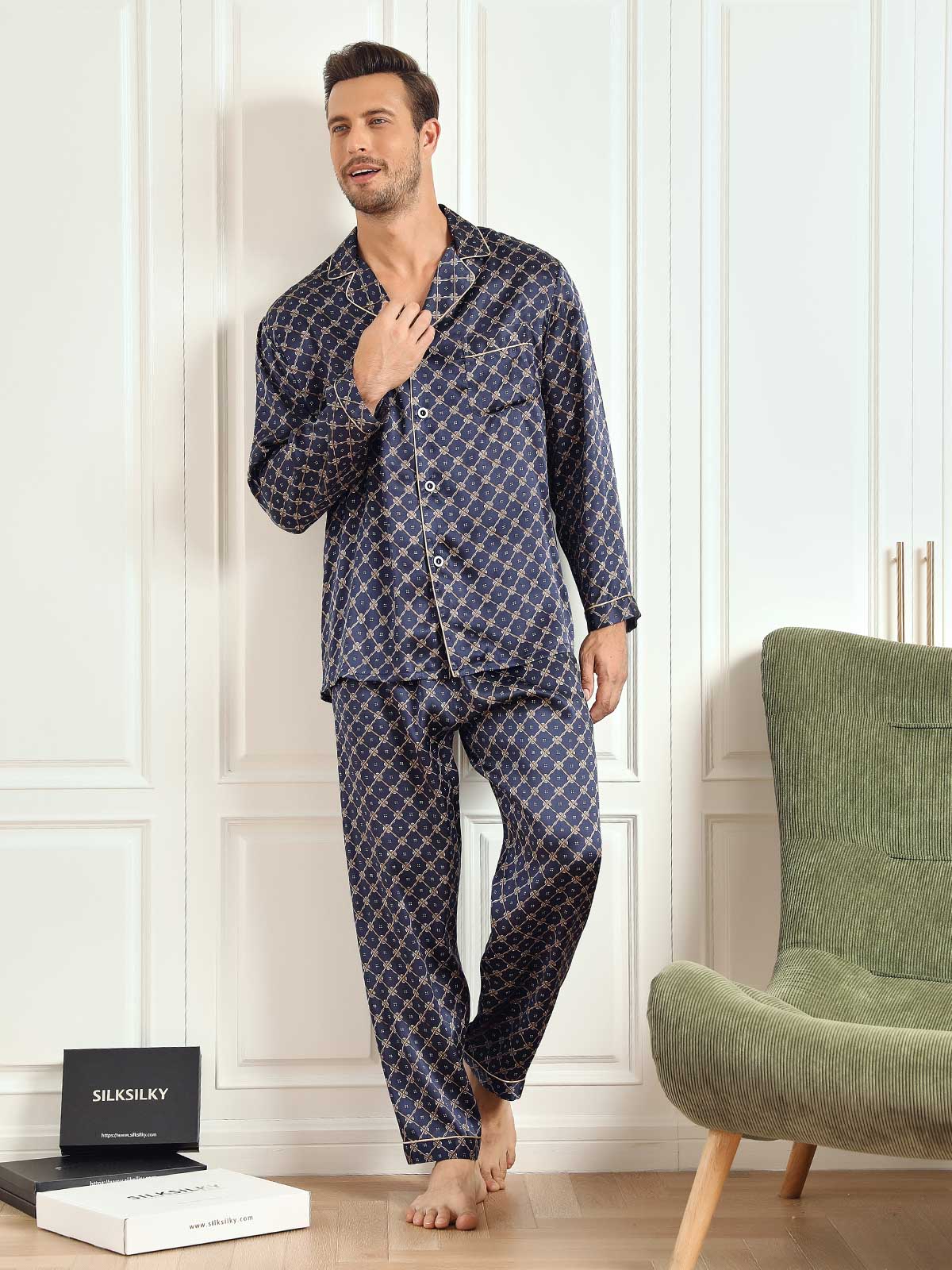 [Cadena Azul Marino] SilkSilky-ES 19Momme Seda Pura Mens Pajamas 005