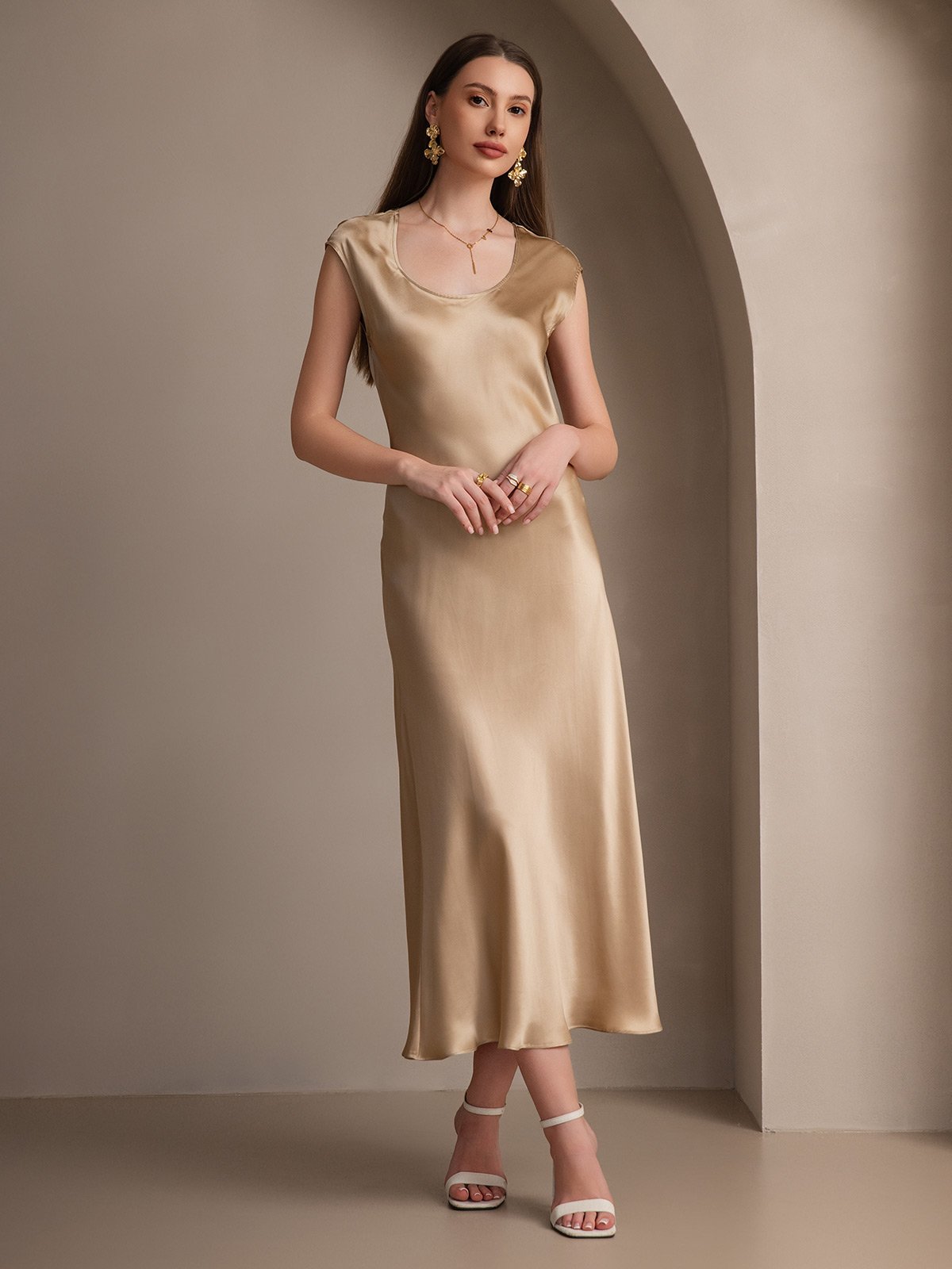 [Champán] SilkSilky-ES 19Momme Seda Dress 001