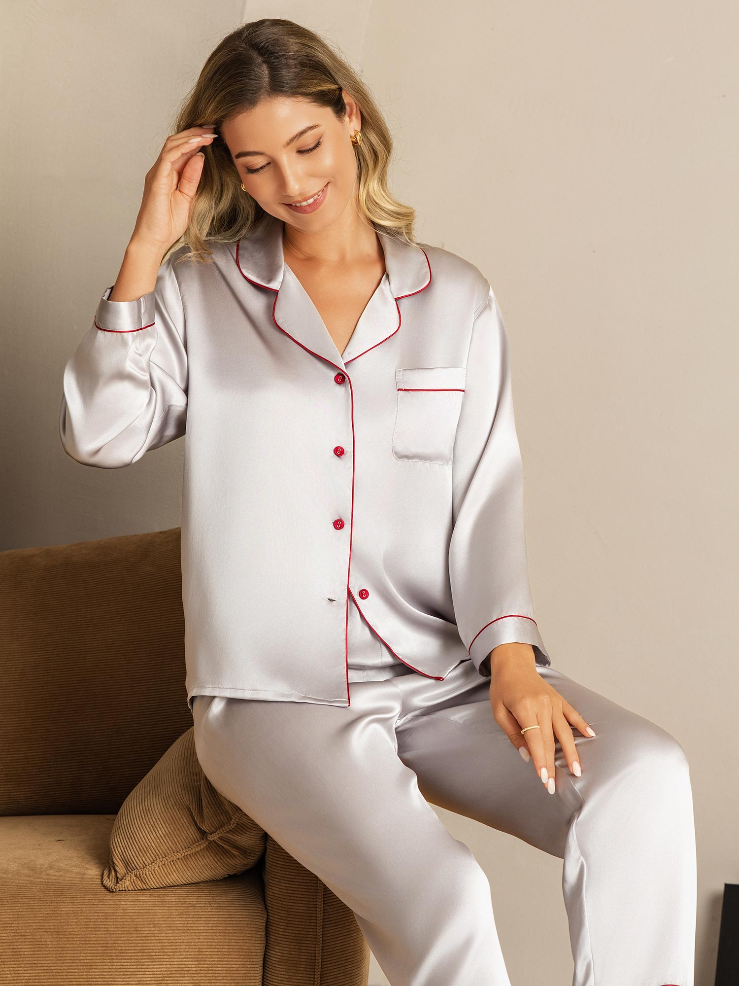 [Silver] SilkSilky-AU Pure Silk Notch Collar Women's Pyjamas 007,
