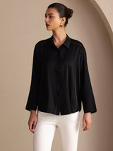 [Negro] SilkSilky-ES Long Sleeve Lapel Collar Blusa 003