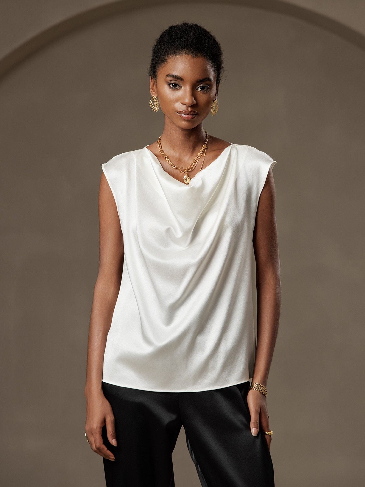 [Blanco] SilkSilky-ES 19Momme Seda Escote Caído Camisetas de Mujer 001