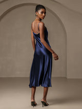 [Azul Oscuro] SilkSilky-ES Spalline Sottili Cuello Drapeado Vestido 002