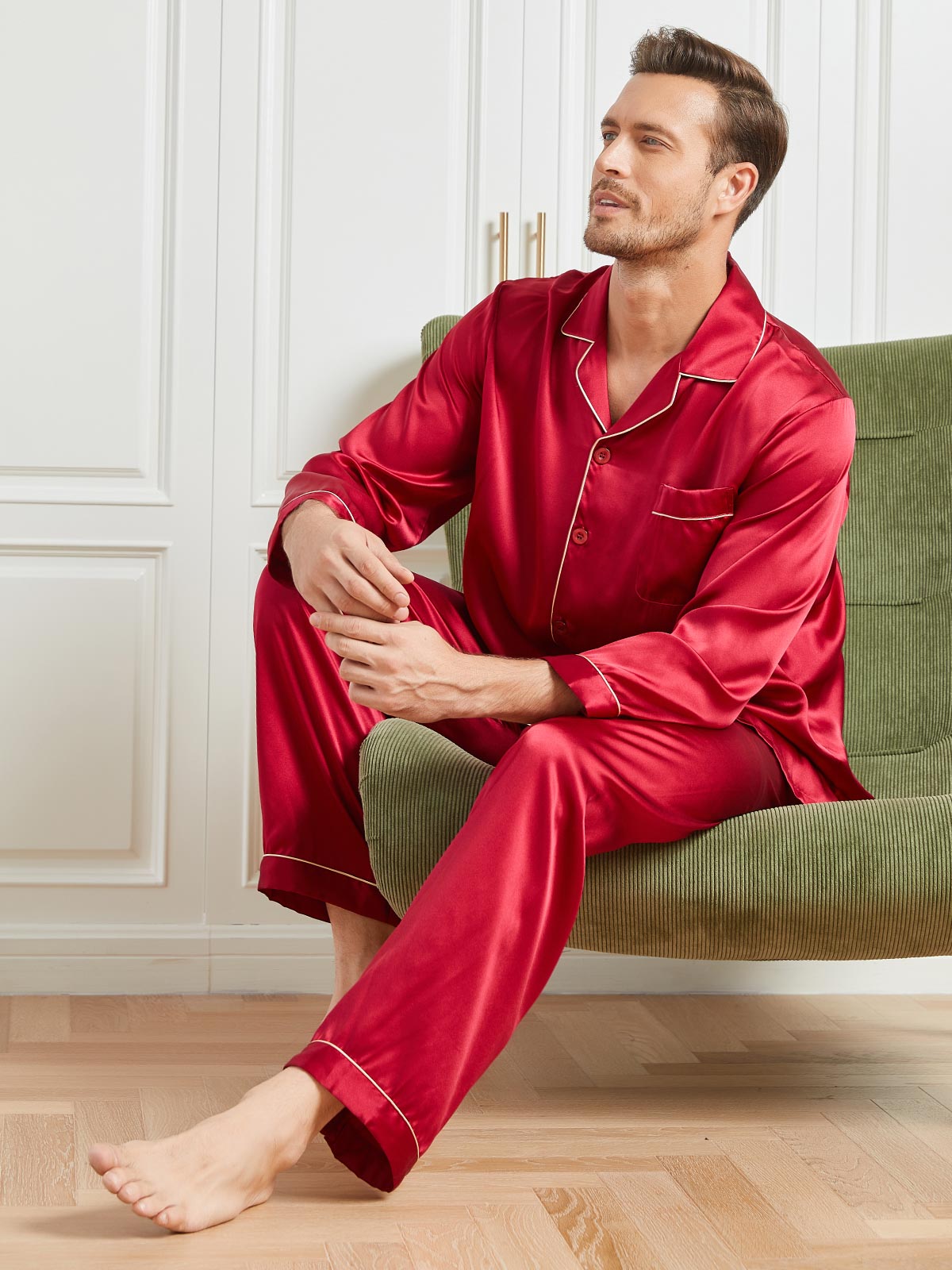 [Rojo] SilkSilky-ES 19Momme Seda Pura Mens Pajamas 004
