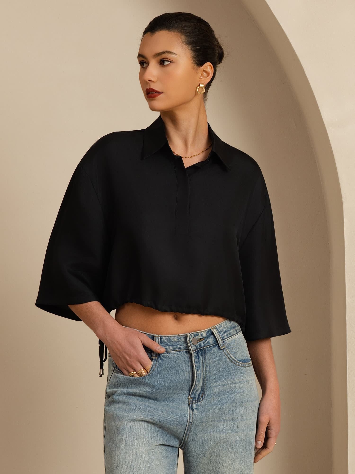 [Negro] SilkSilky-ES 18Momme A metà Cuello con Solapa Blusa 001