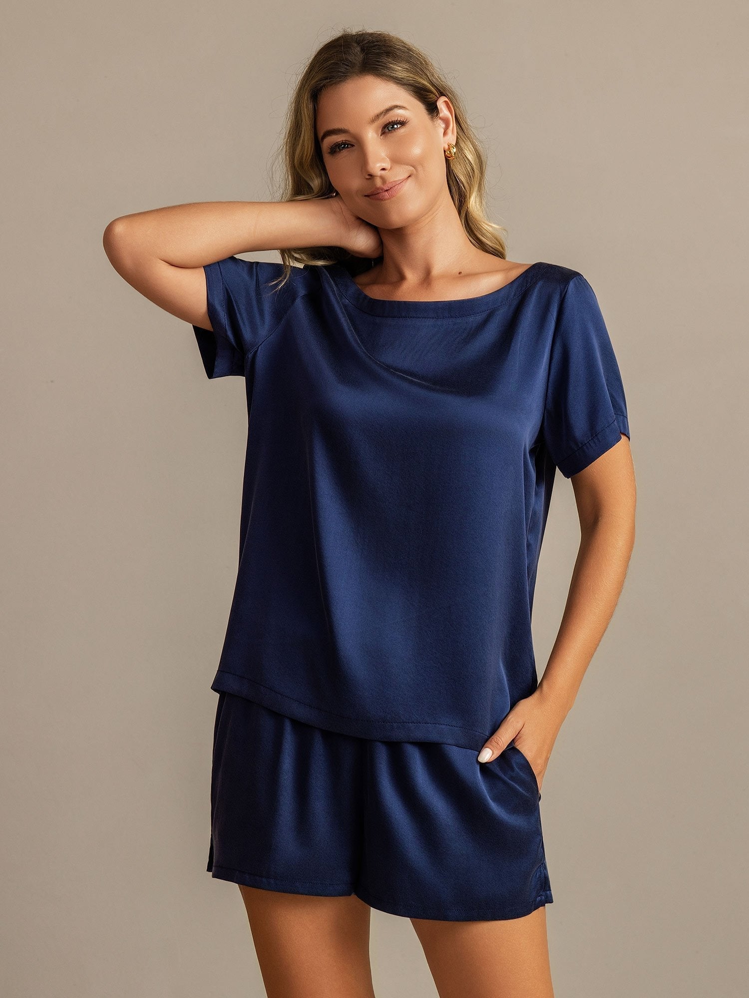 [Azul Oscuro] SilkSilky-ES 19Momme Seda Womens Pajamas 003,