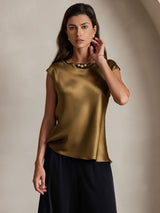 [Marrón] SilkSilky-ES Cap Sleeve Round Neck Camisetas de Mujer 001