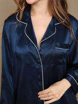 [Azul Oscuro] SilkSilky-ES Long Sleeve Lapel Collar Pijamas de mujer 008