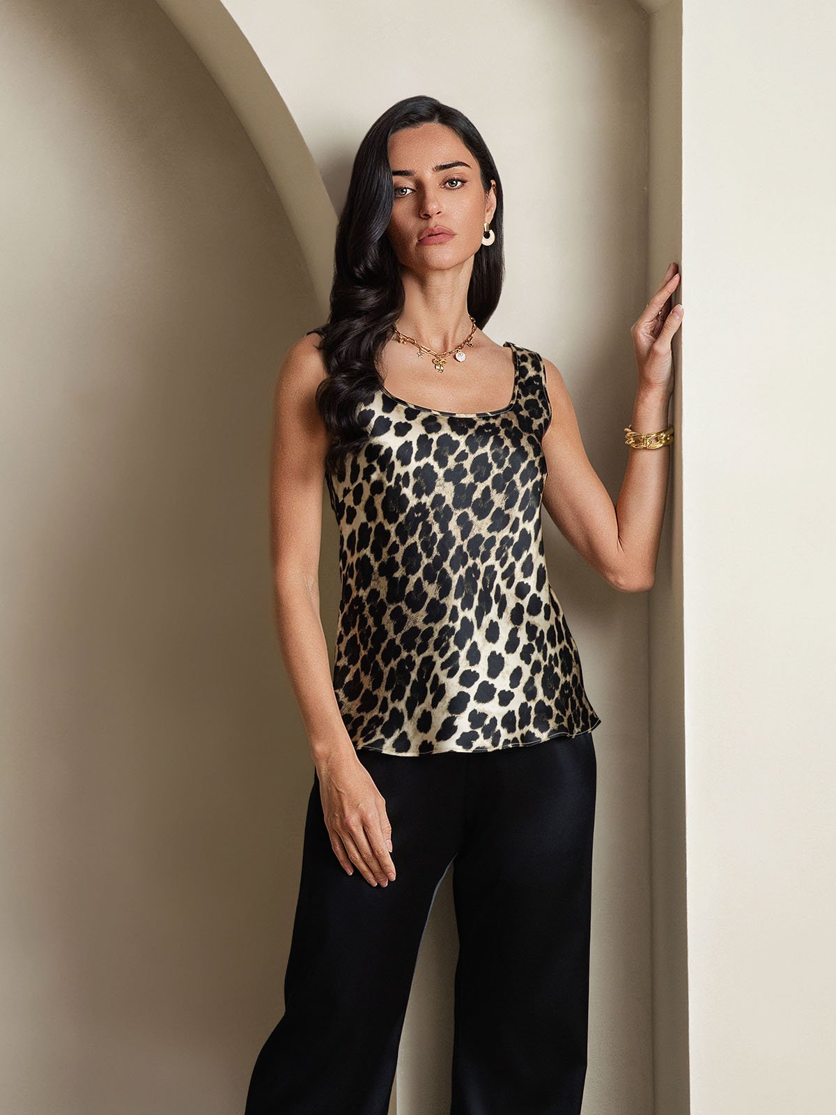 [Leopardo] SilkSilky-ES 19Momme Seda Cuello en U Top de tirantes 005,