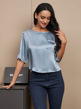 [Azul Grisáceo] SilkSilky-ES A metà Escote Cuchara Camisetas de Mujer 004