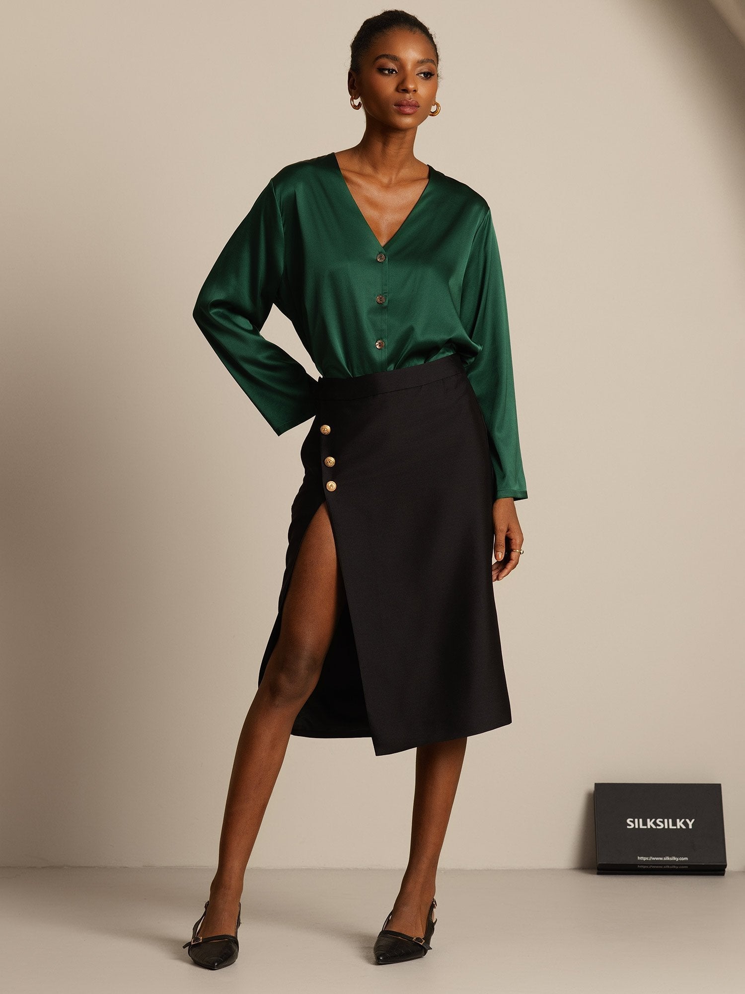 [Negro] SilkSilky-ES 32Momme Silk-Wool Blend Skirt 006,